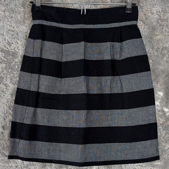 French Connection Size 2 Linen Blend Striped Mini A Line Skirt Black Gray Zip - Picture 1 of 10